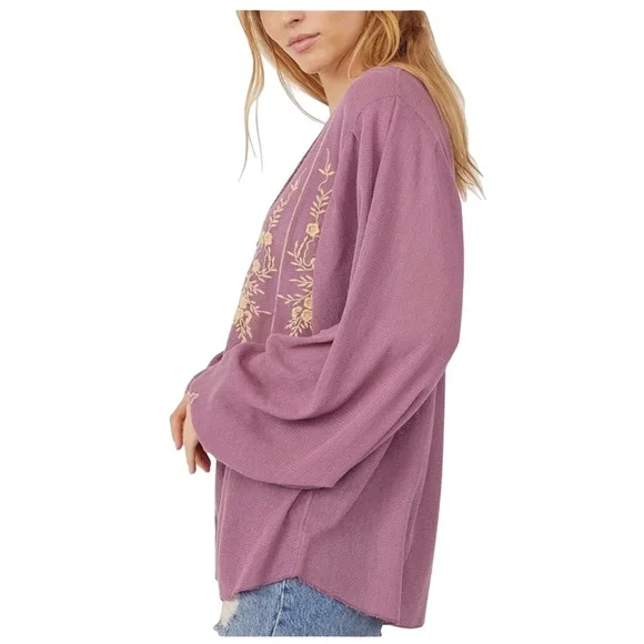Free People Margie Balloon Sleeve Embroidered Top in Dusty Violet - Picture 2 of 10